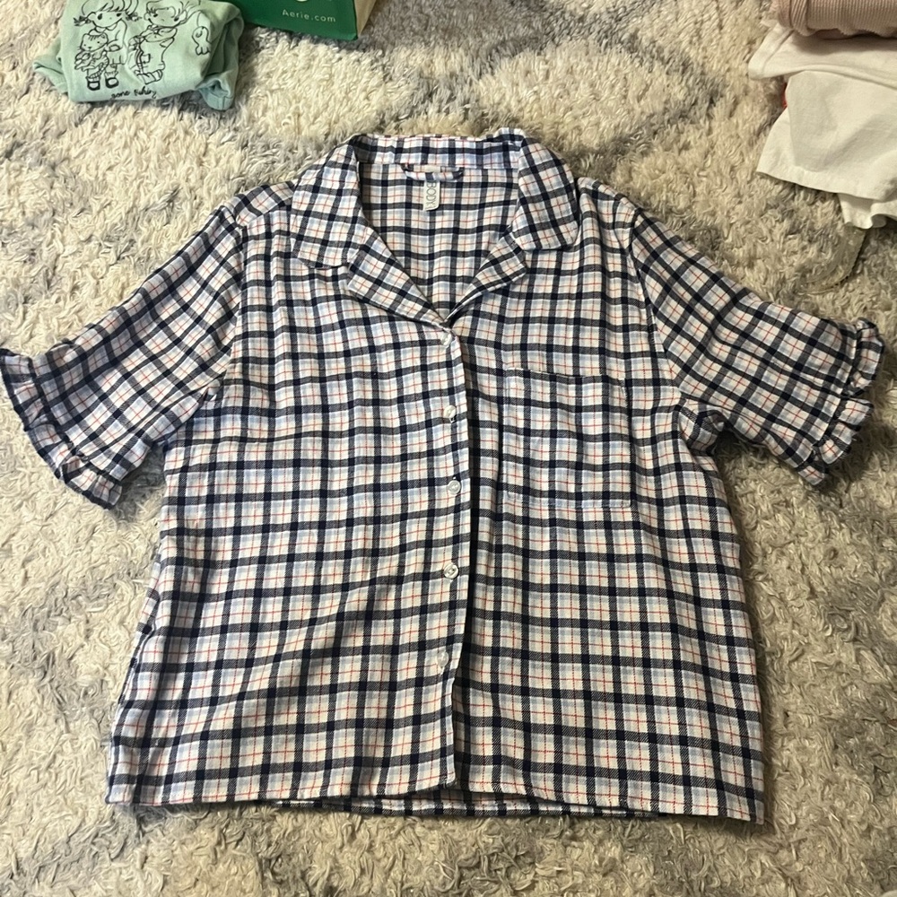 Cotton On Button Up Plaid Cute Ruffle Hem Short Sleeve Cropped Polo